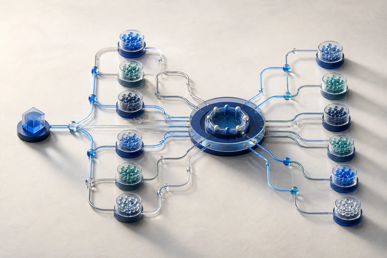 A network of liquidity nodes routing an order into a central matching hub