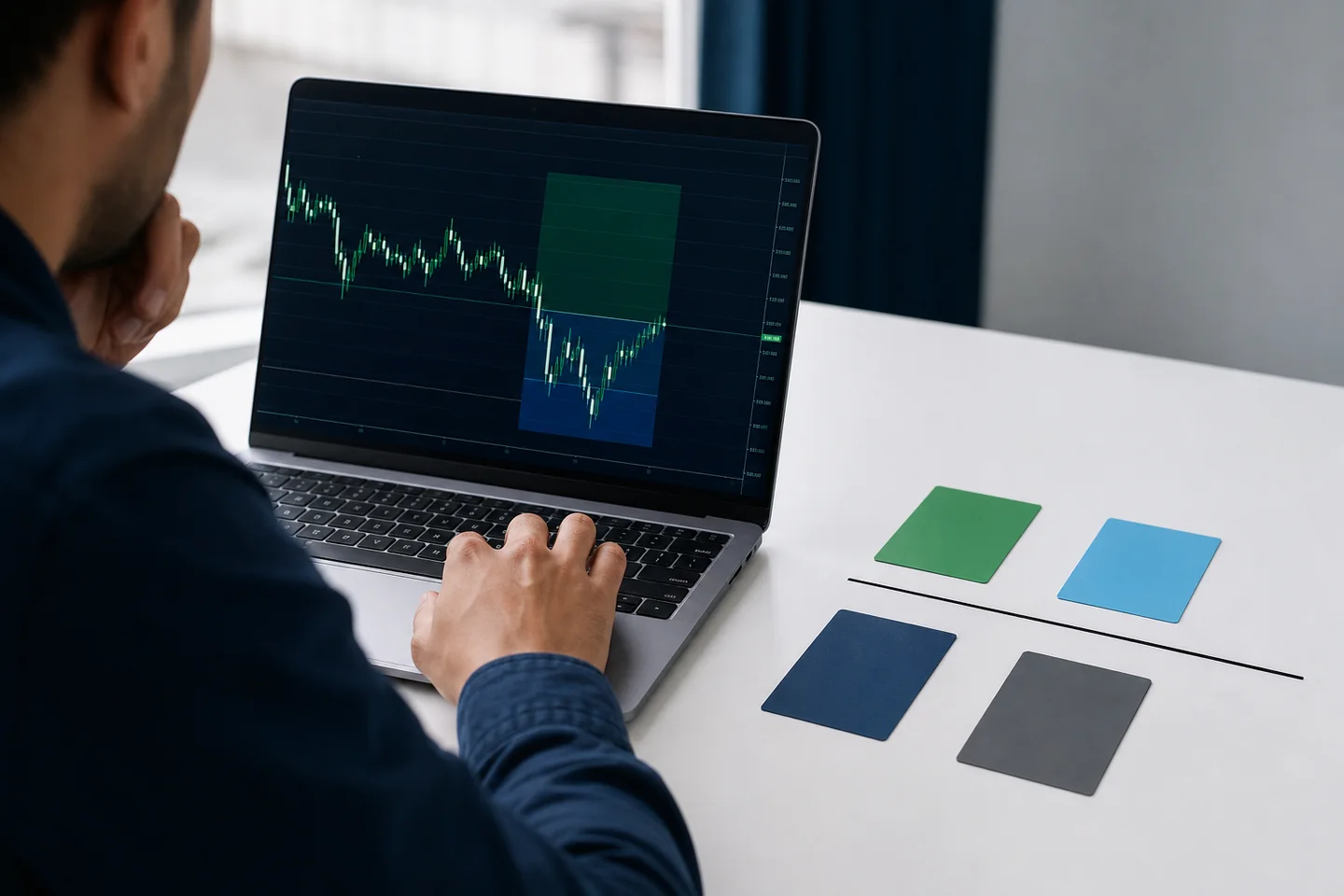 A trader preparing a forex order beside four colour-coded entry cards