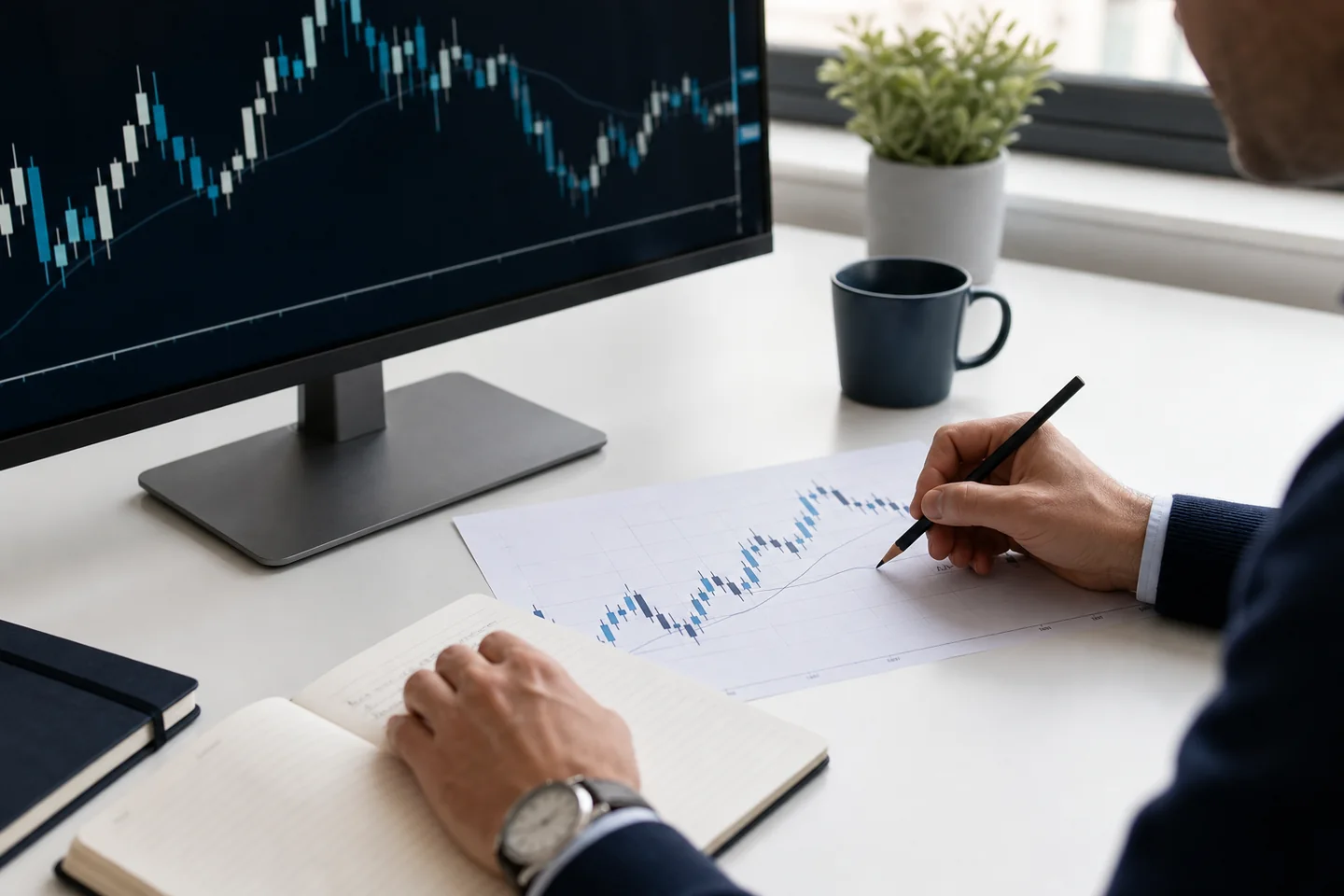 A trader studying a printed candlestick chart beside a professional market screen