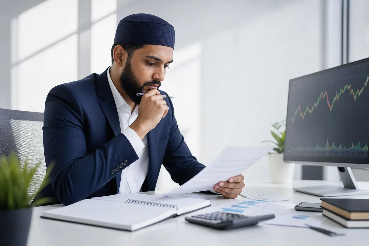 A Muslim finance professional reviewing currency trading documents and market data