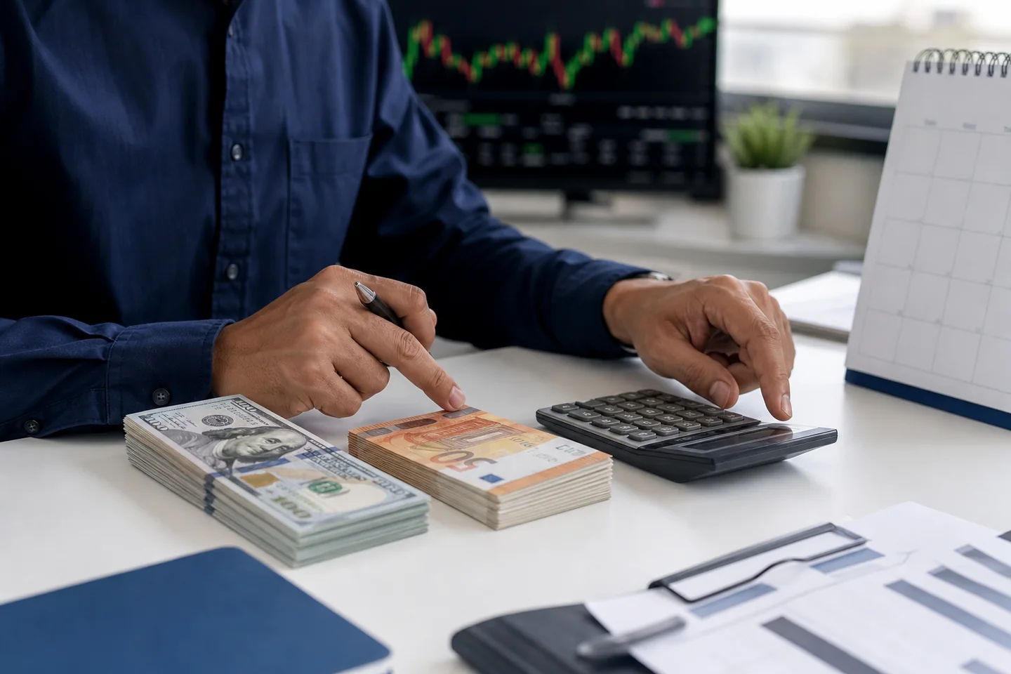 A professional comparing two currencies, a calendar and overnight financing calculations
