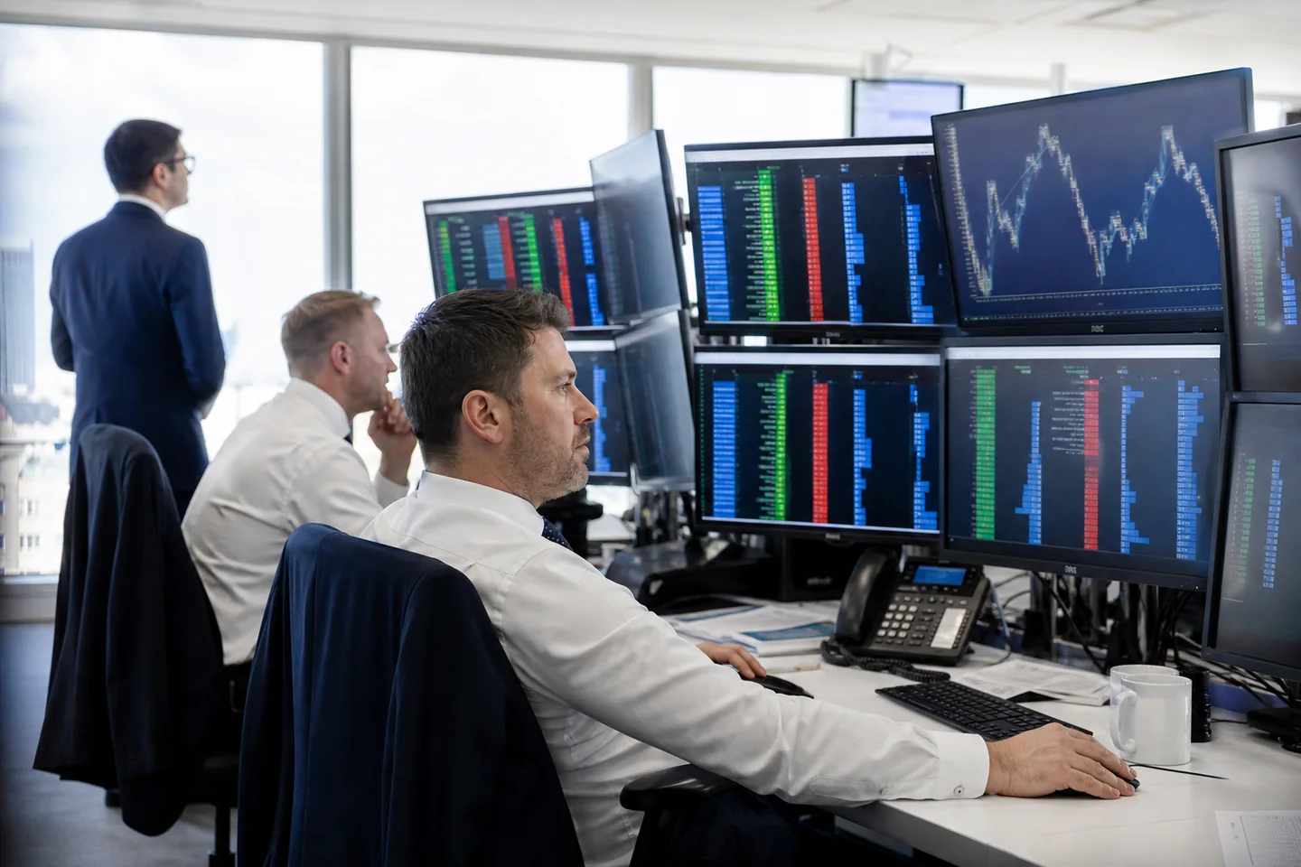 Institutional currency traders monitoring market depth and price screens